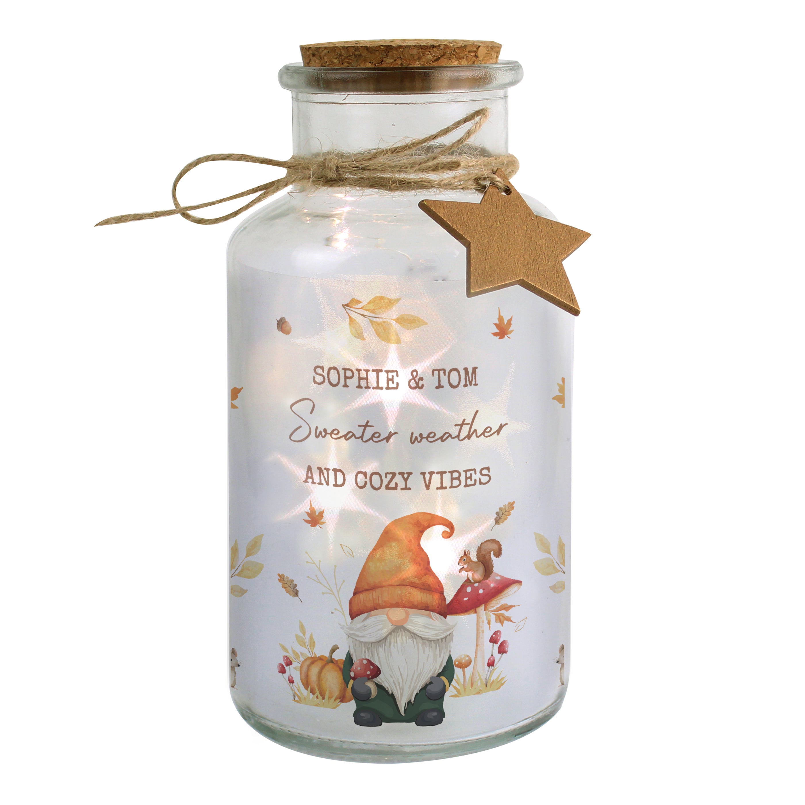 Personalised LED jar with Autumn gonk design.