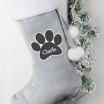 Grey personalised Christmas stocking with paw pri