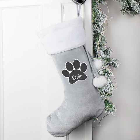 Grey personalised Christmas stocking with paw print