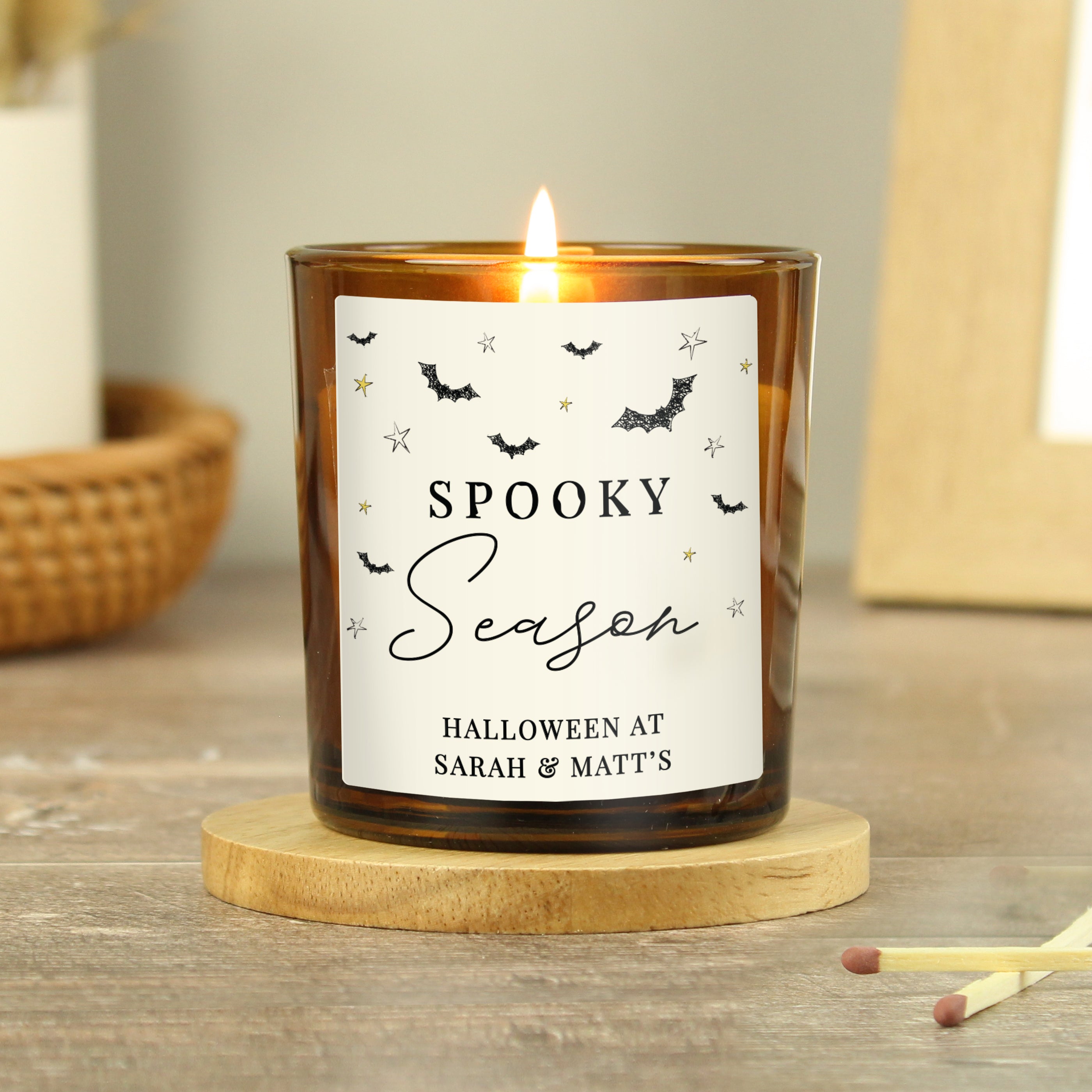 Personalised amber jar candle with a warm vanilla scent with a Spooky Season design.