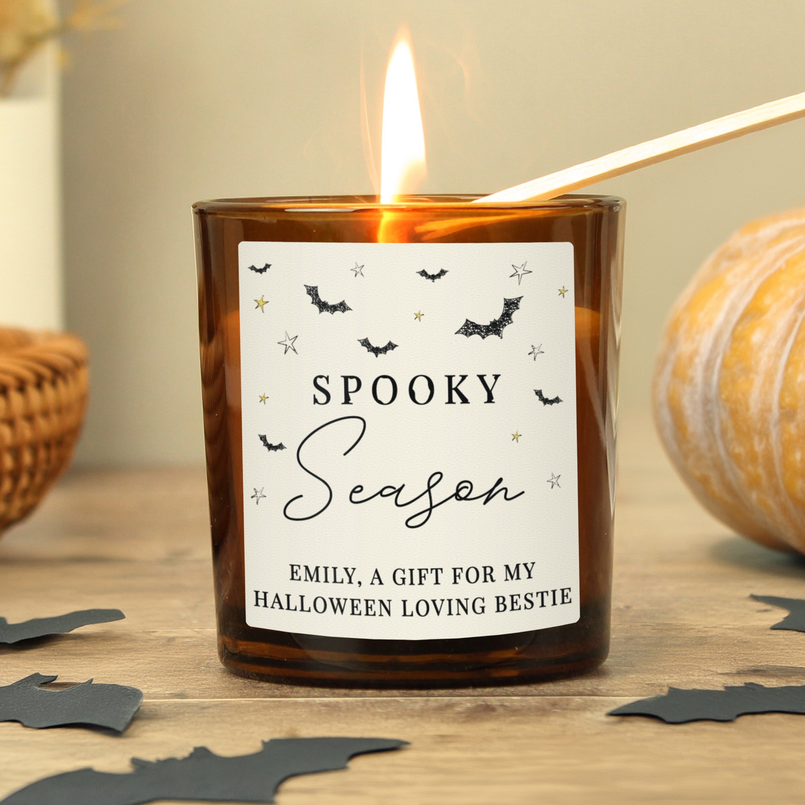Personalised amber jar candle with a warm vanilla scent with a Spooky Season design.