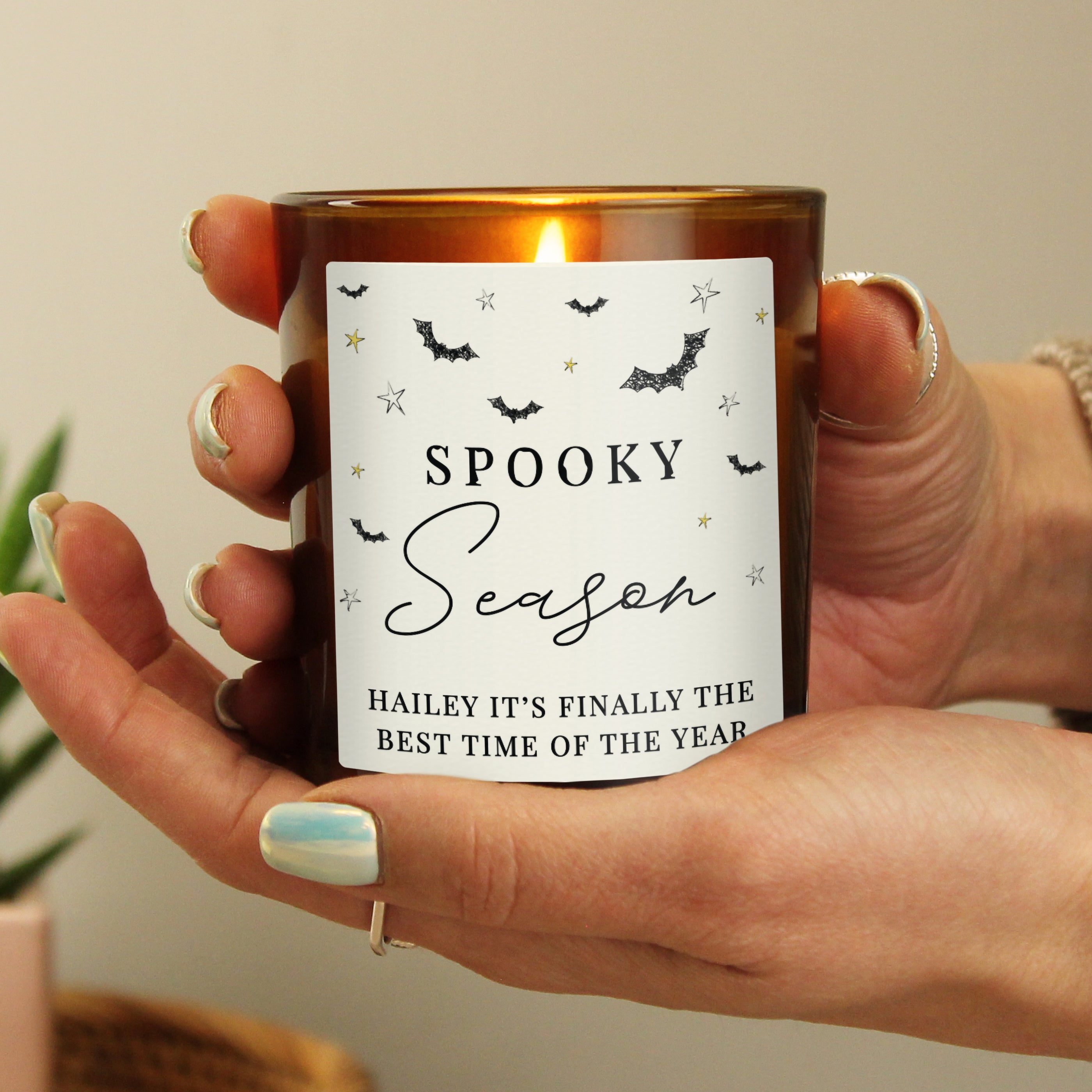 Personalised amber jar candle with a warm vanilla scent with a Spooky Season design.