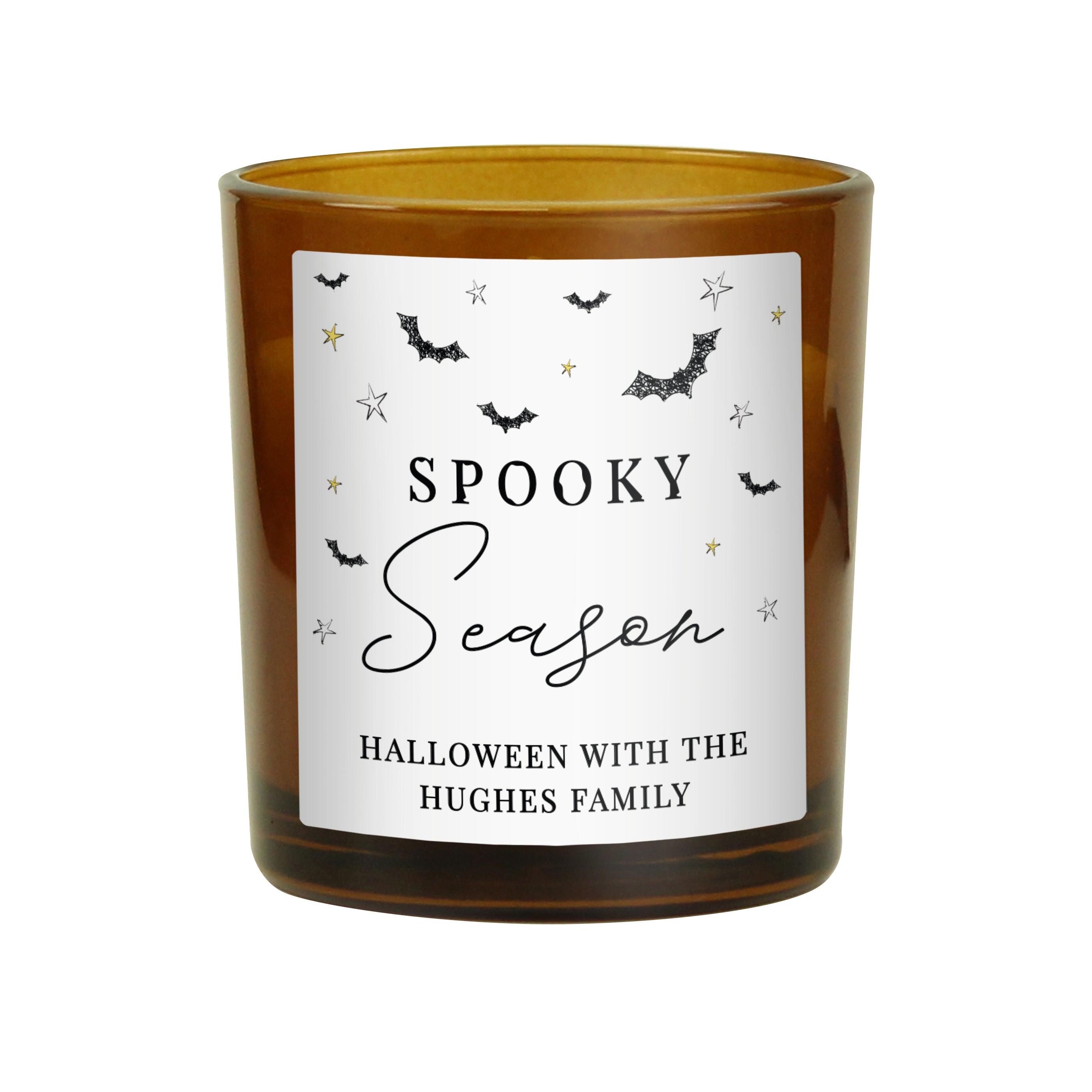 Personalised amber jar candle with a warm vanilla scent with a Spooky Season design.
