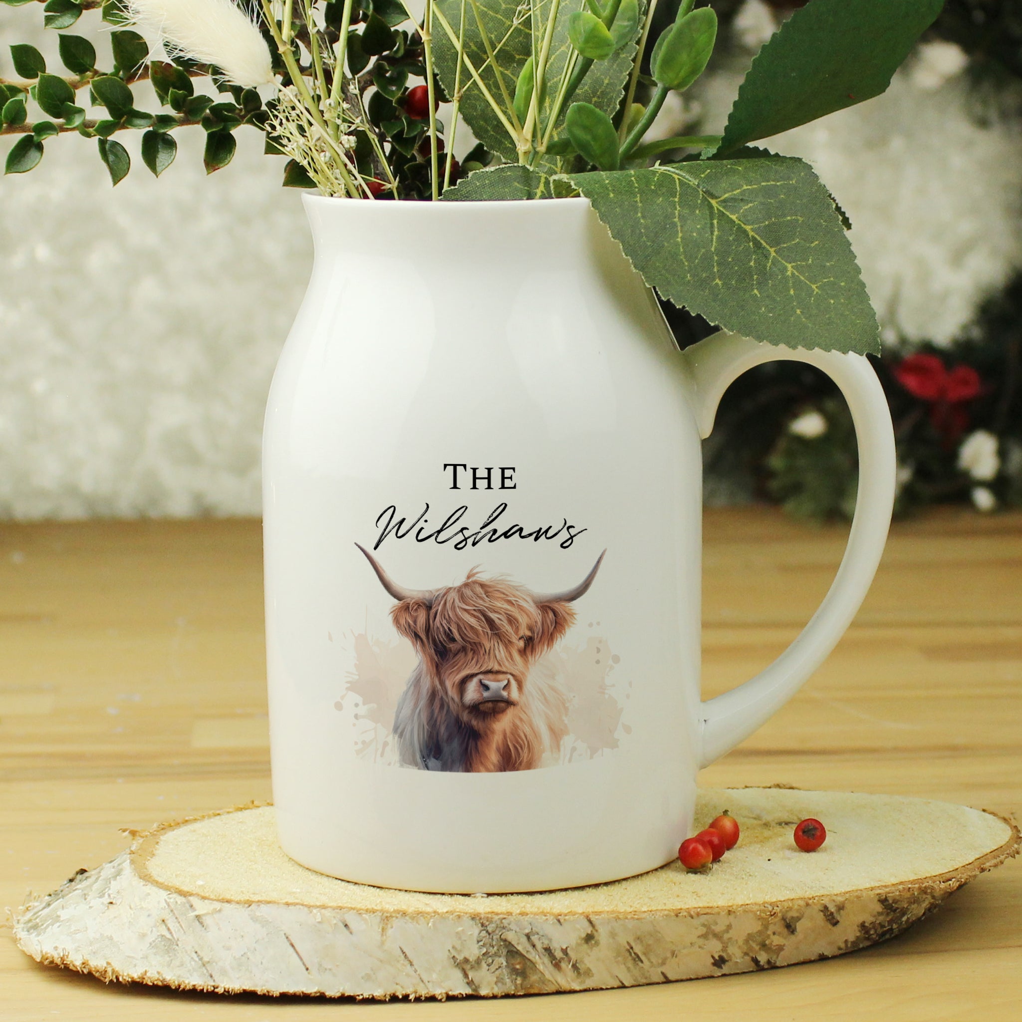 White jug vase with highland cow illustration and personalised text