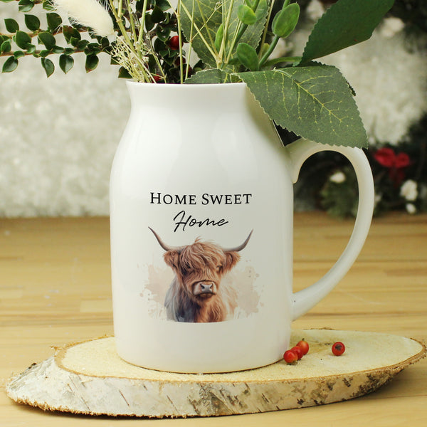 White jug vase with highland cow illustration and personalised text