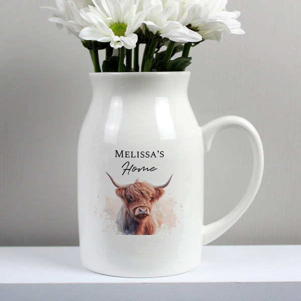 White jug vase with highland cow illustration and personalised text