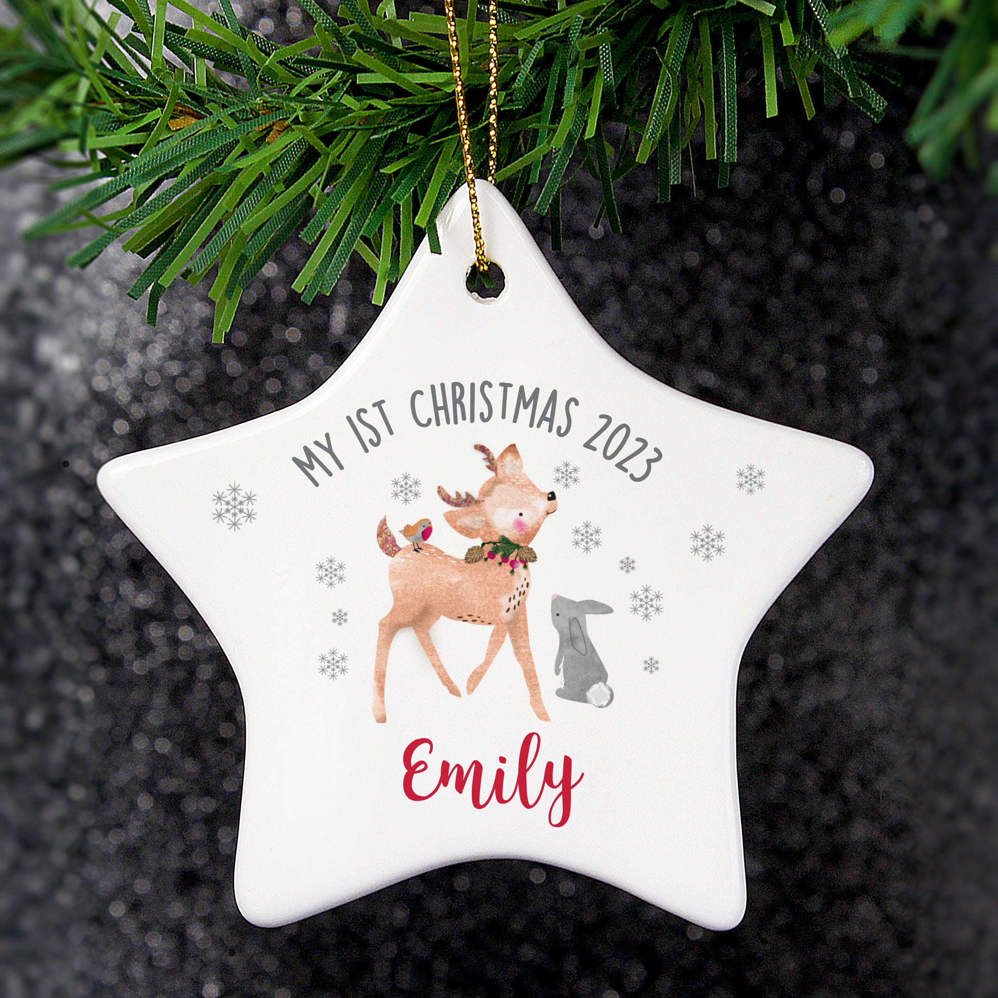 Personalised 1st Christmas Ceramic Star Decoration with Festive Fawn Design