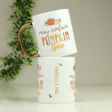 Personalised white ceramic 11oz mug with gold handle and pumpkin spice design.