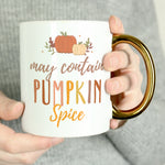 Personalised white ceramic 11oz mug with gold handle and pumpkin spice design.