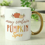 Personalised white ceramic 11oz mug with gold handle and pumpkin spice design.