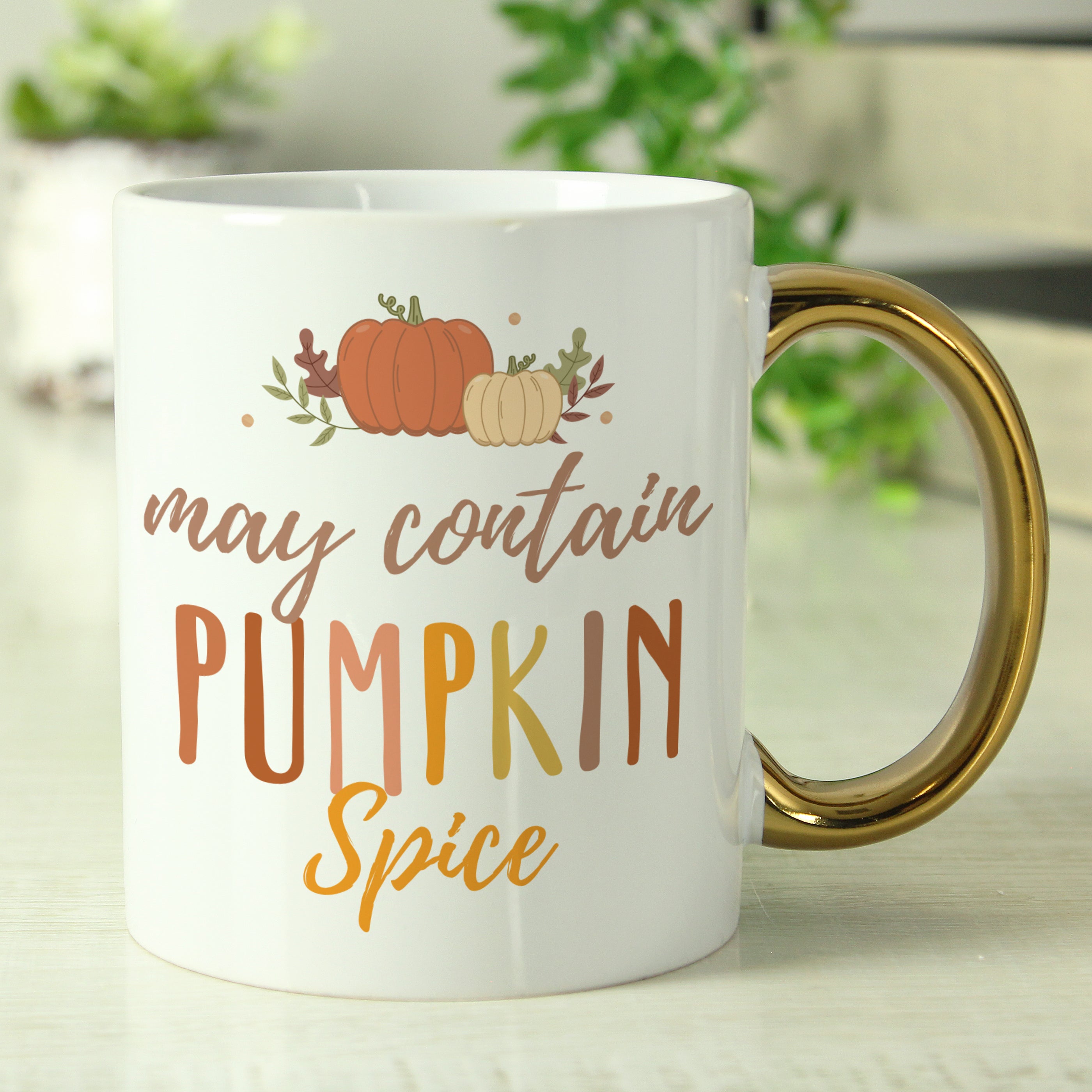 Personalised white ceramic 11oz mug with gold handle and pumpkin spice design.