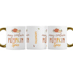 Personalised white ceramic 11oz mug with gold handle and pumpkin spice design.