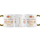 Personalised white ceramic 11oz mug with gold handle and pumpkin spice design.