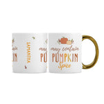 Personalised white ceramic 11oz mug with gold handle and pumpkin spice design.
