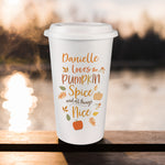 Personalised double walled white travel mug with pumpkin spice design.