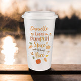 Personalised double walled white travel mug with pumpkin spice design.