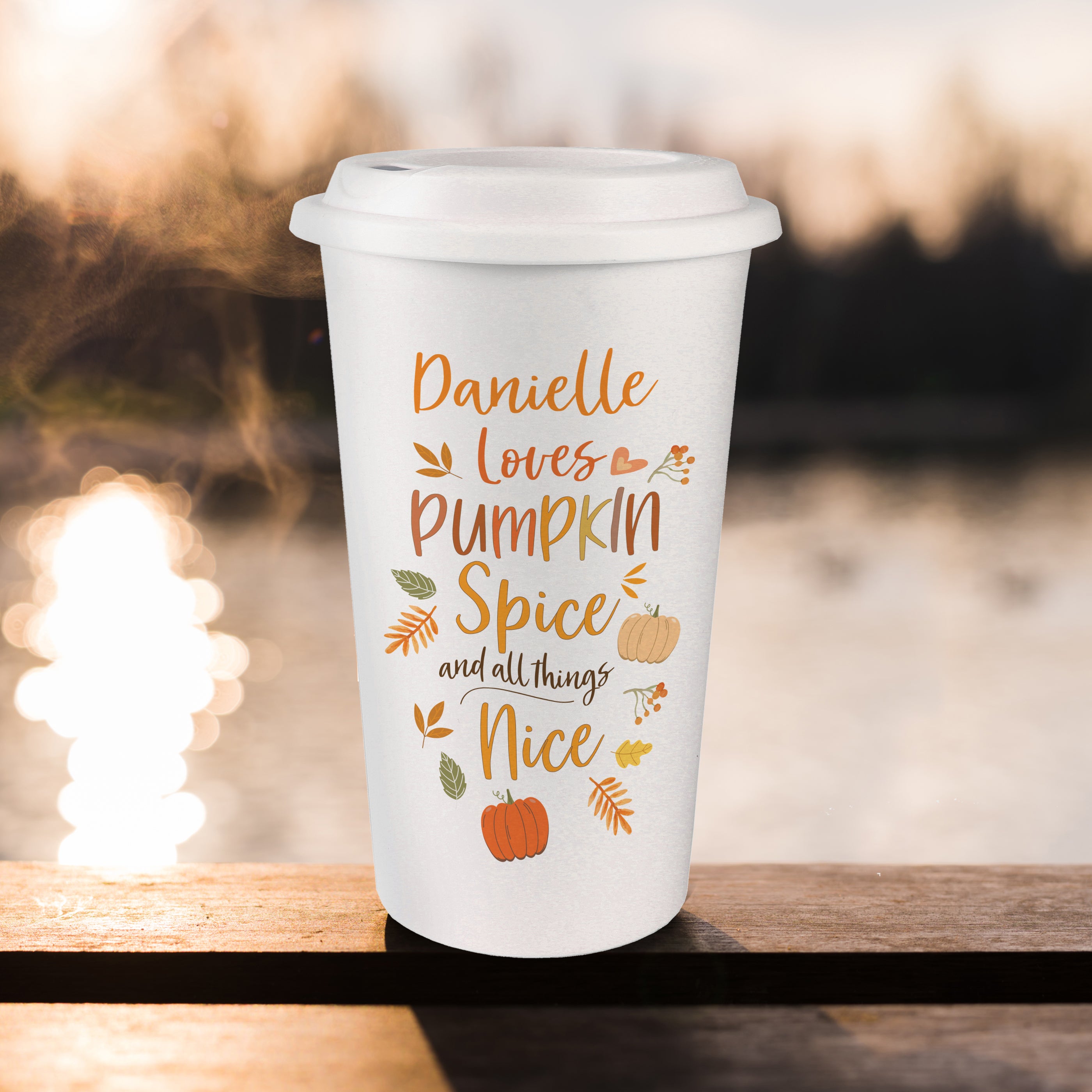 Personalised double walled white travel mug with pumpkin spice design.