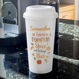 Personalised double walled white travel mug with pumpkin spice design.