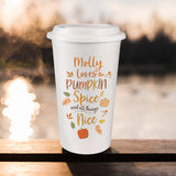 Personalised double walled white travel mug with pumpkin spice design.