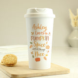 Personalised double walled white travel mug with pumpkin spice design.