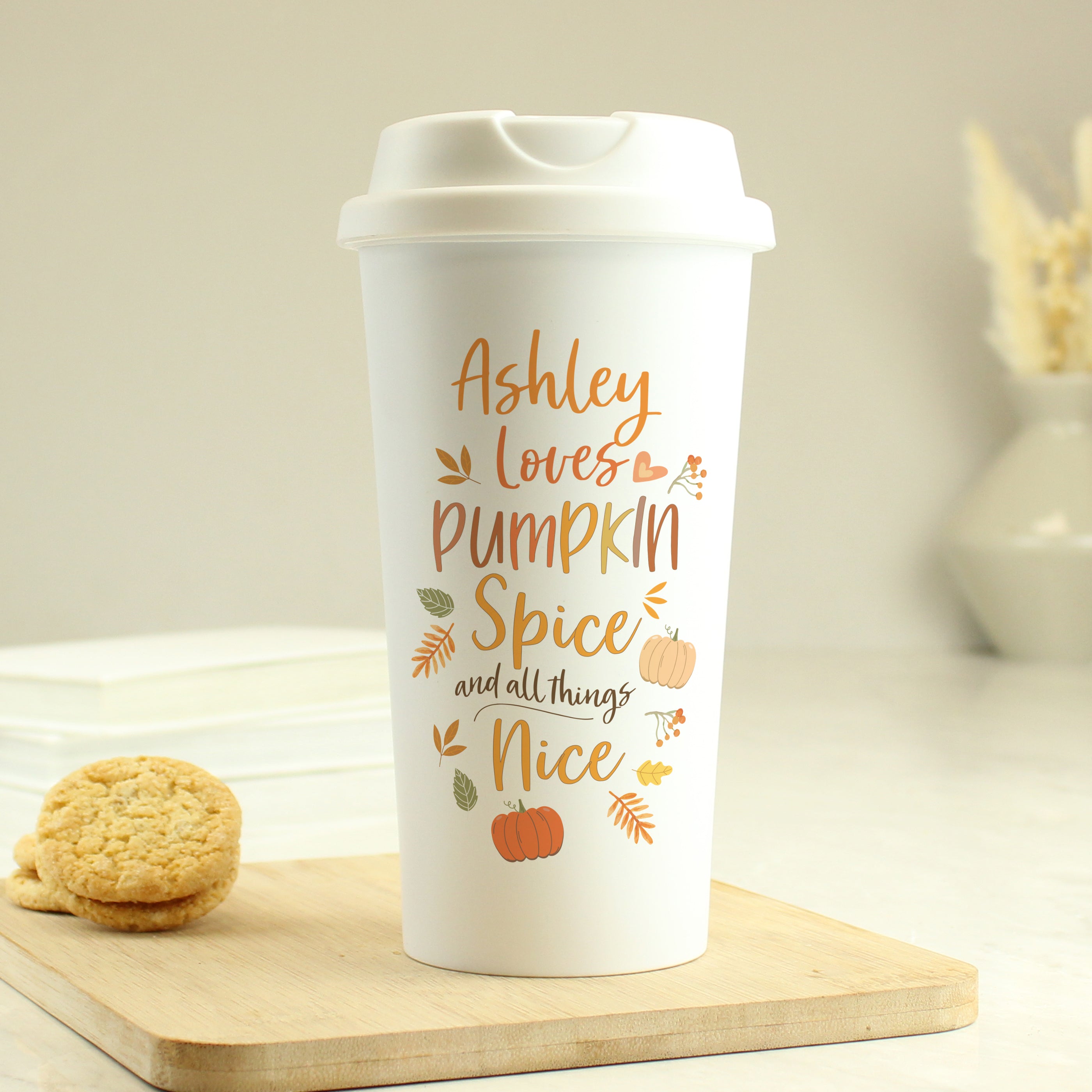 Personalised double walled white travel mug with pumpkin spice design.