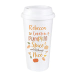 Personalised double walled white travel mug with pumpkin spice design.