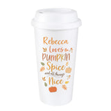 Personalised double walled white travel mug with pumpkin spice design.