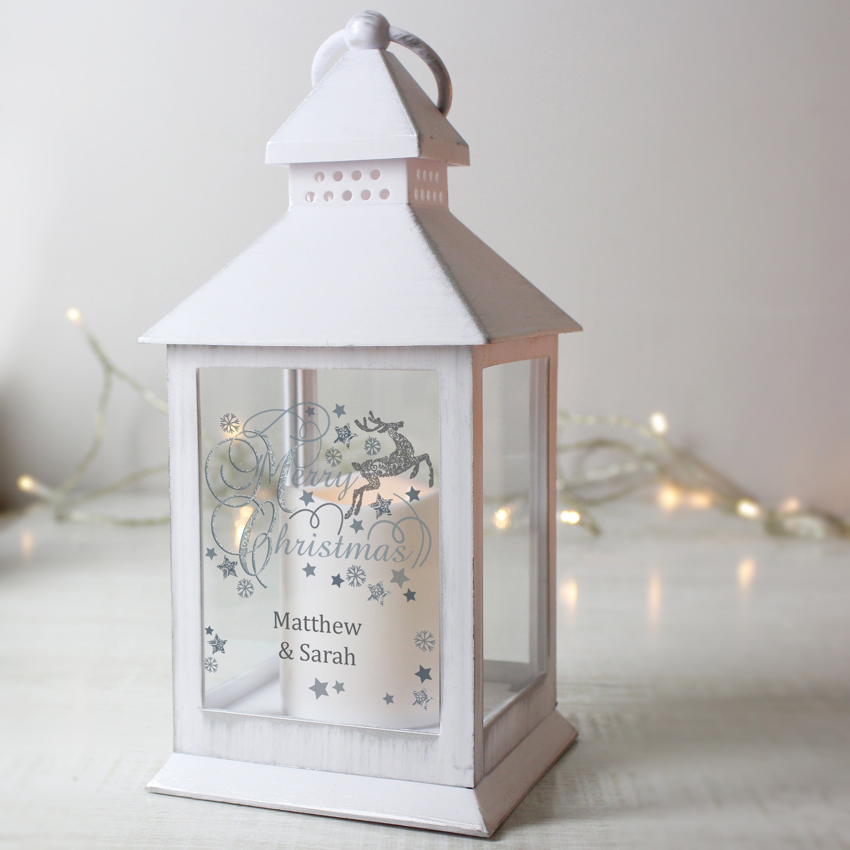 Personalised silver reindeer white LED Lantern