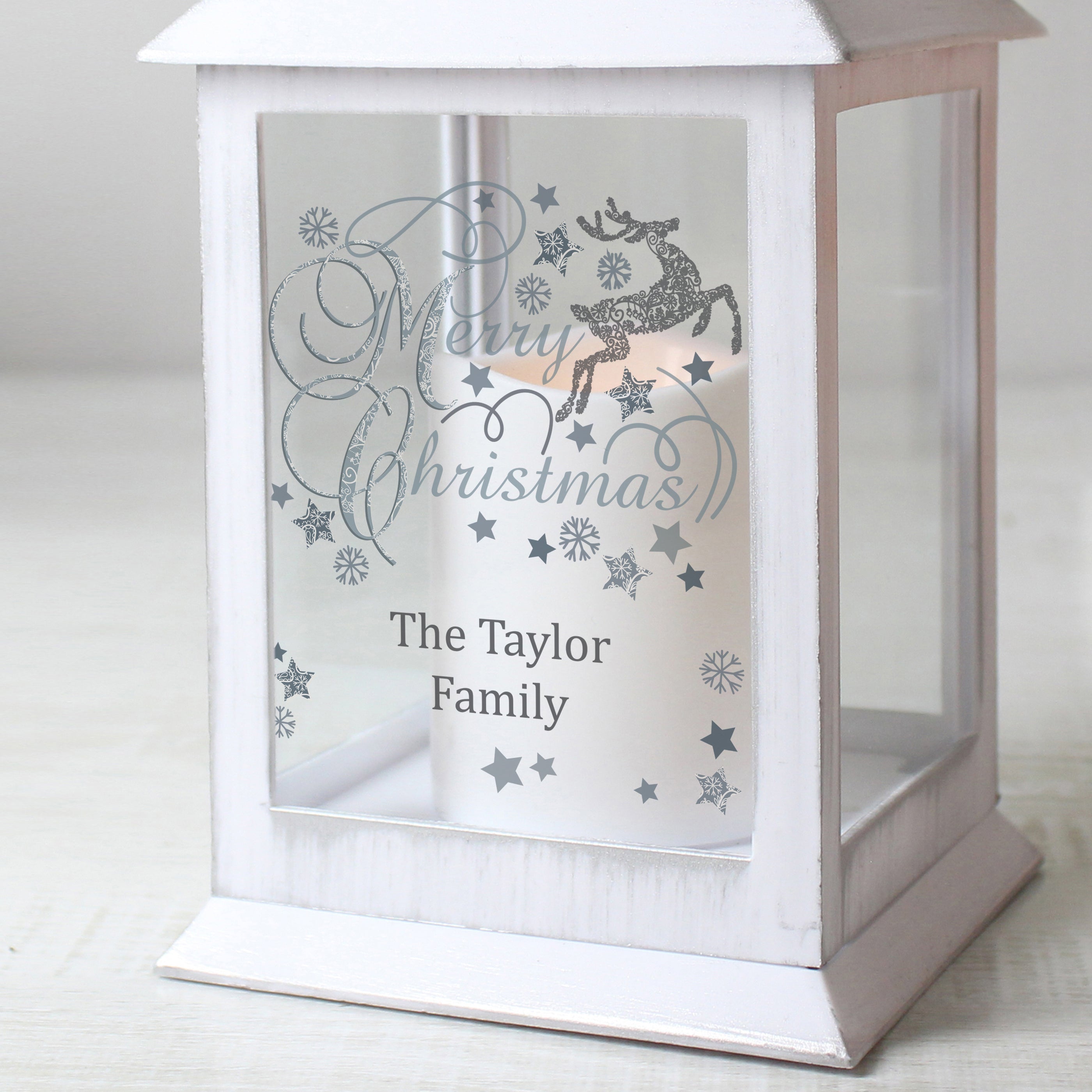 Personalised silver reindeer white LED Lantern