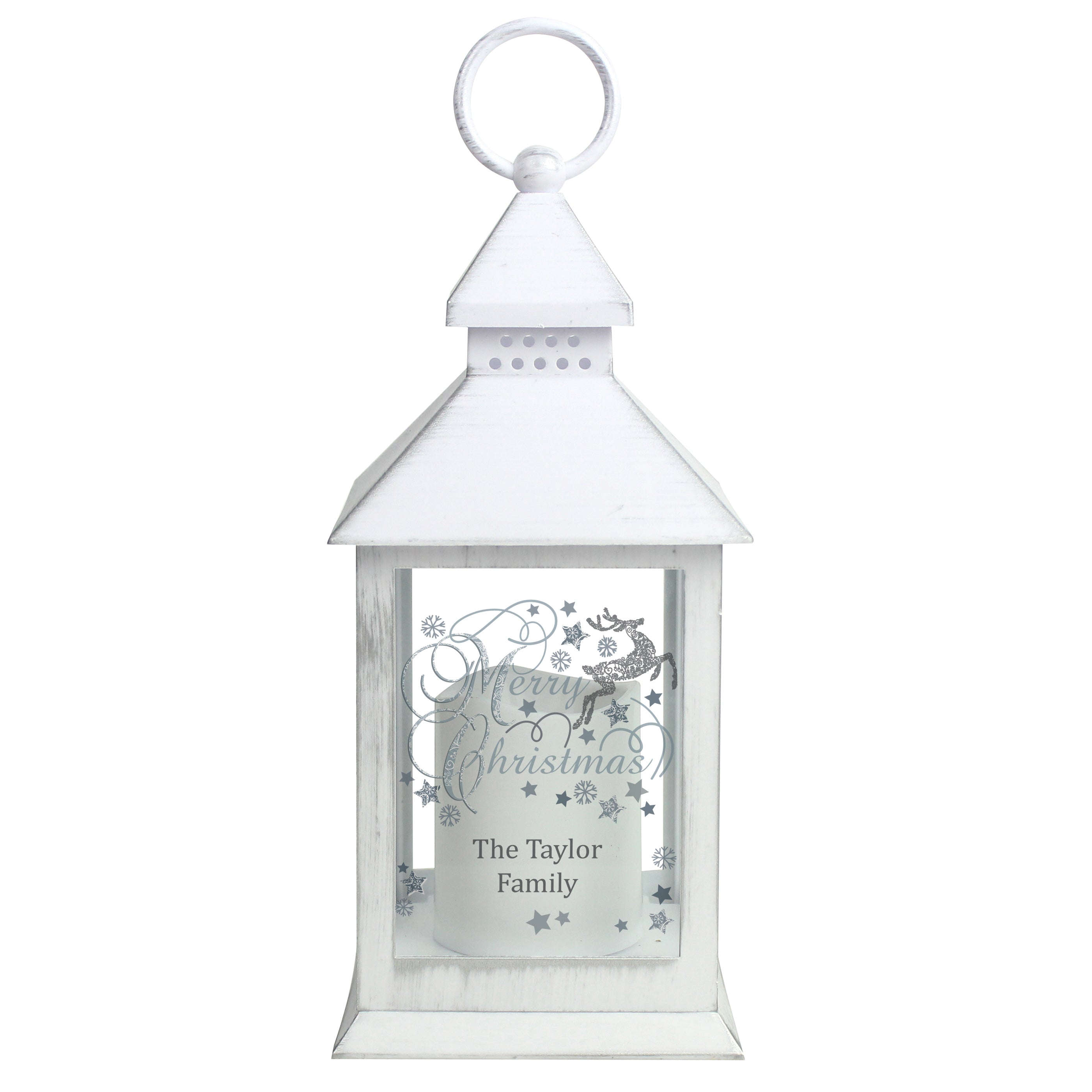 Personalised silver reindeer white LED Lantern
