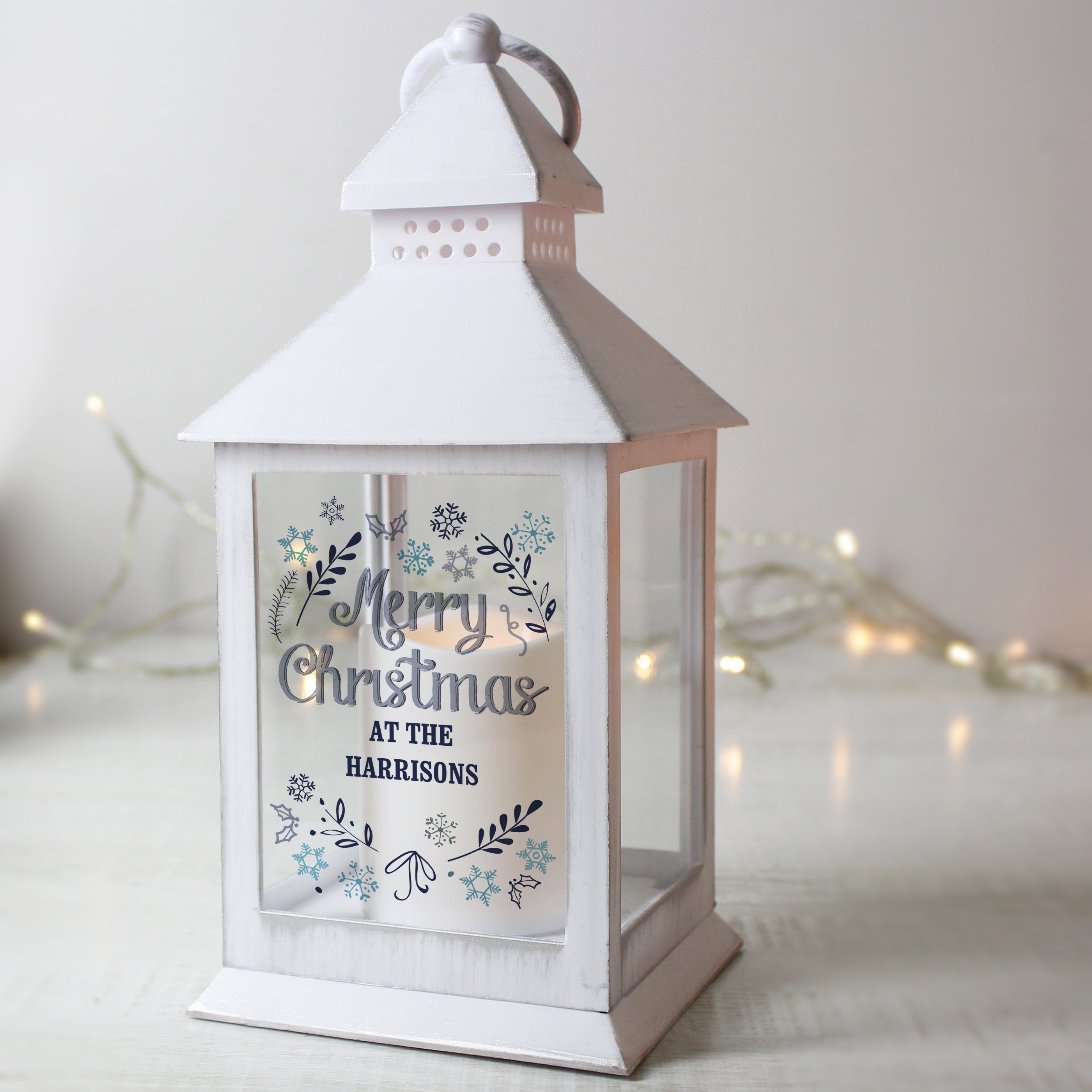 White rustic personalised LED candle lantern