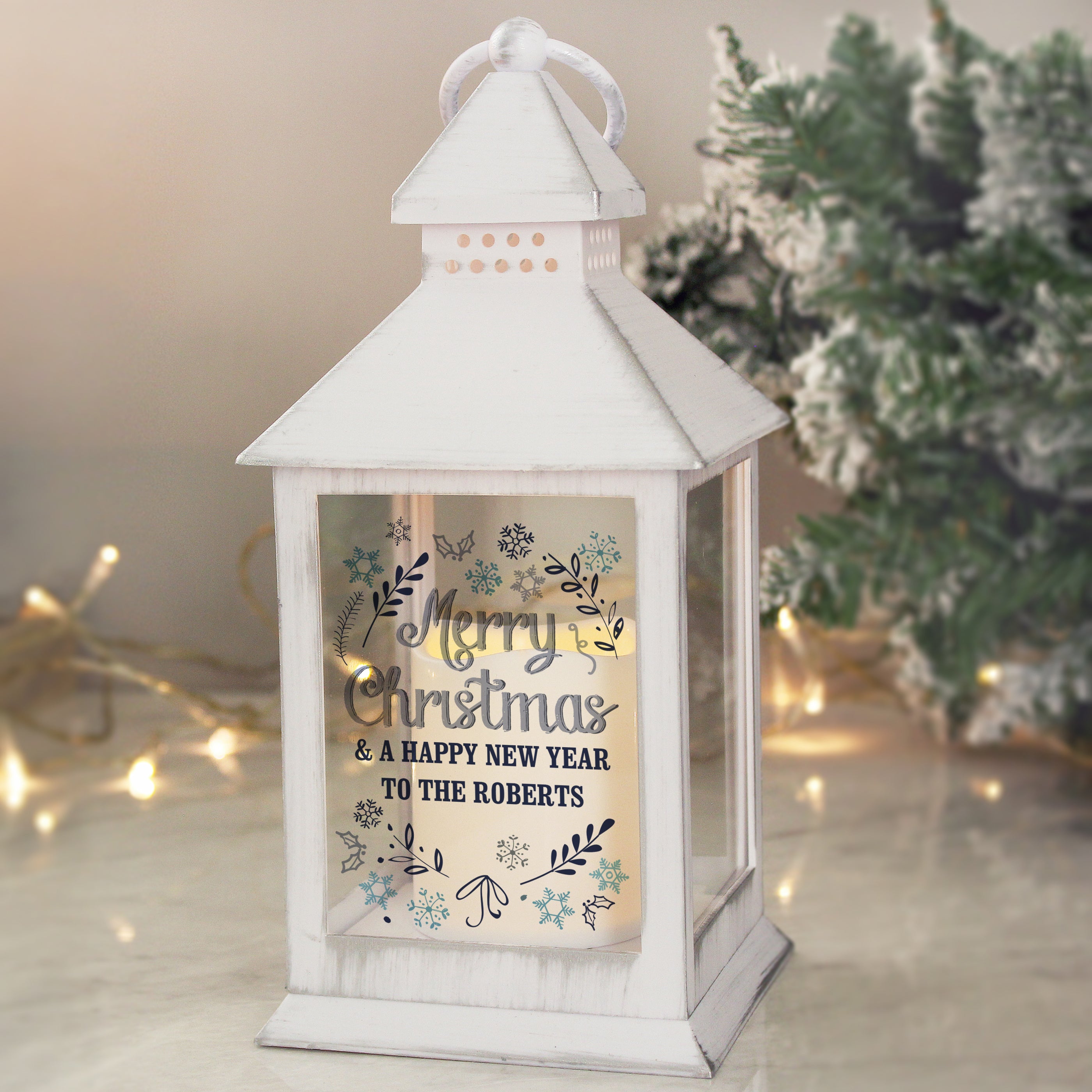 White rustic personalised LED candle lantern