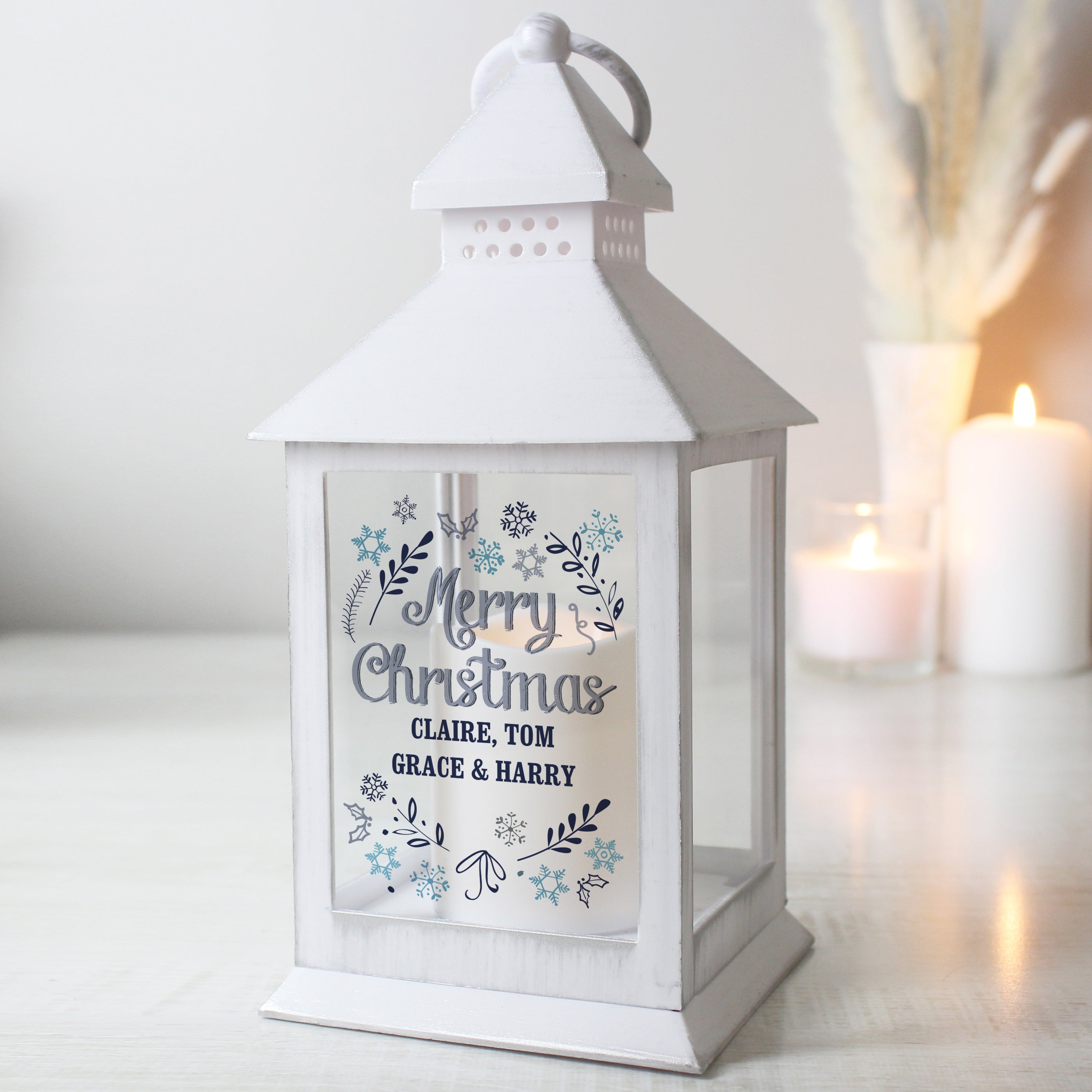 White rustic personalised LED candle lantern