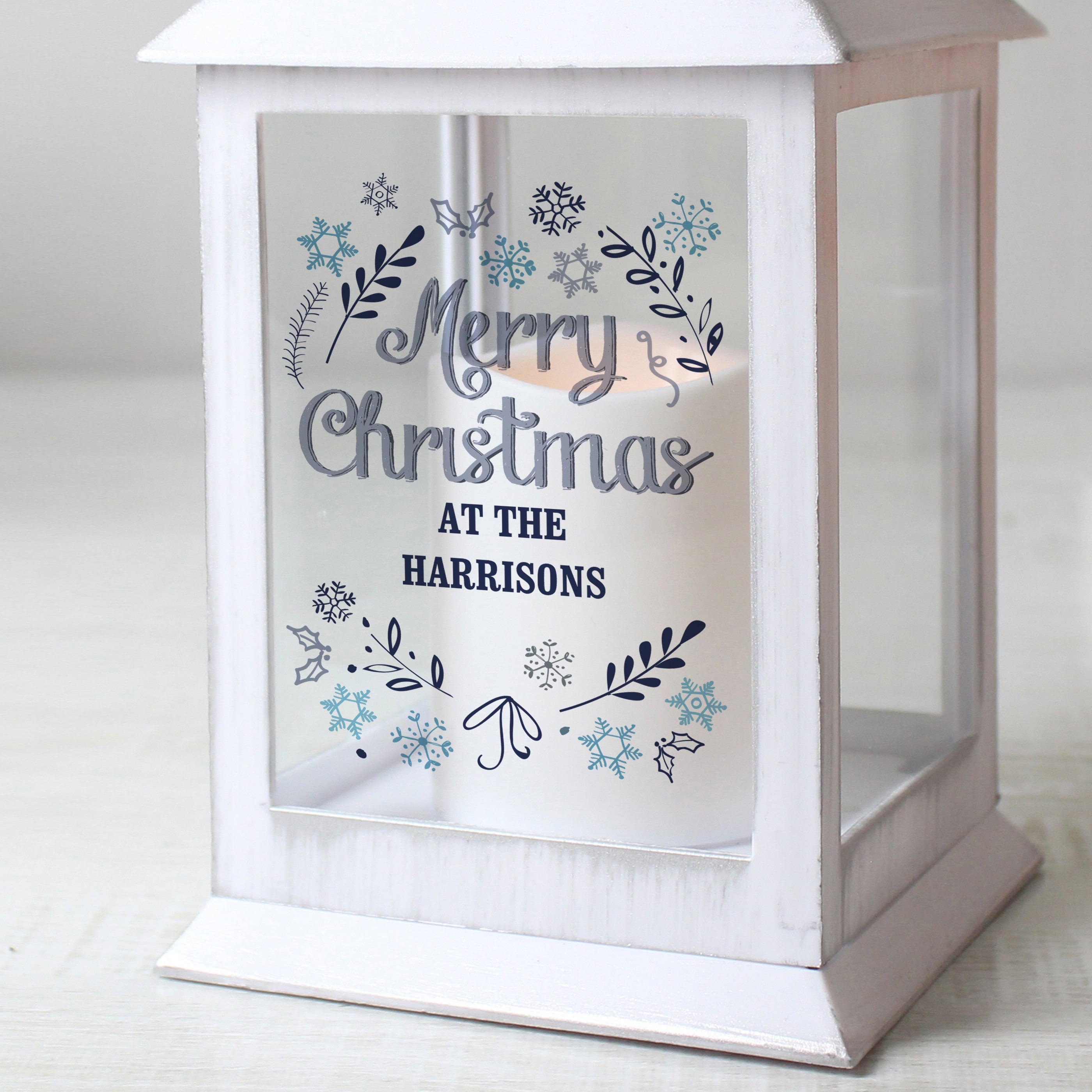 White rustic personalised LED candle lantern