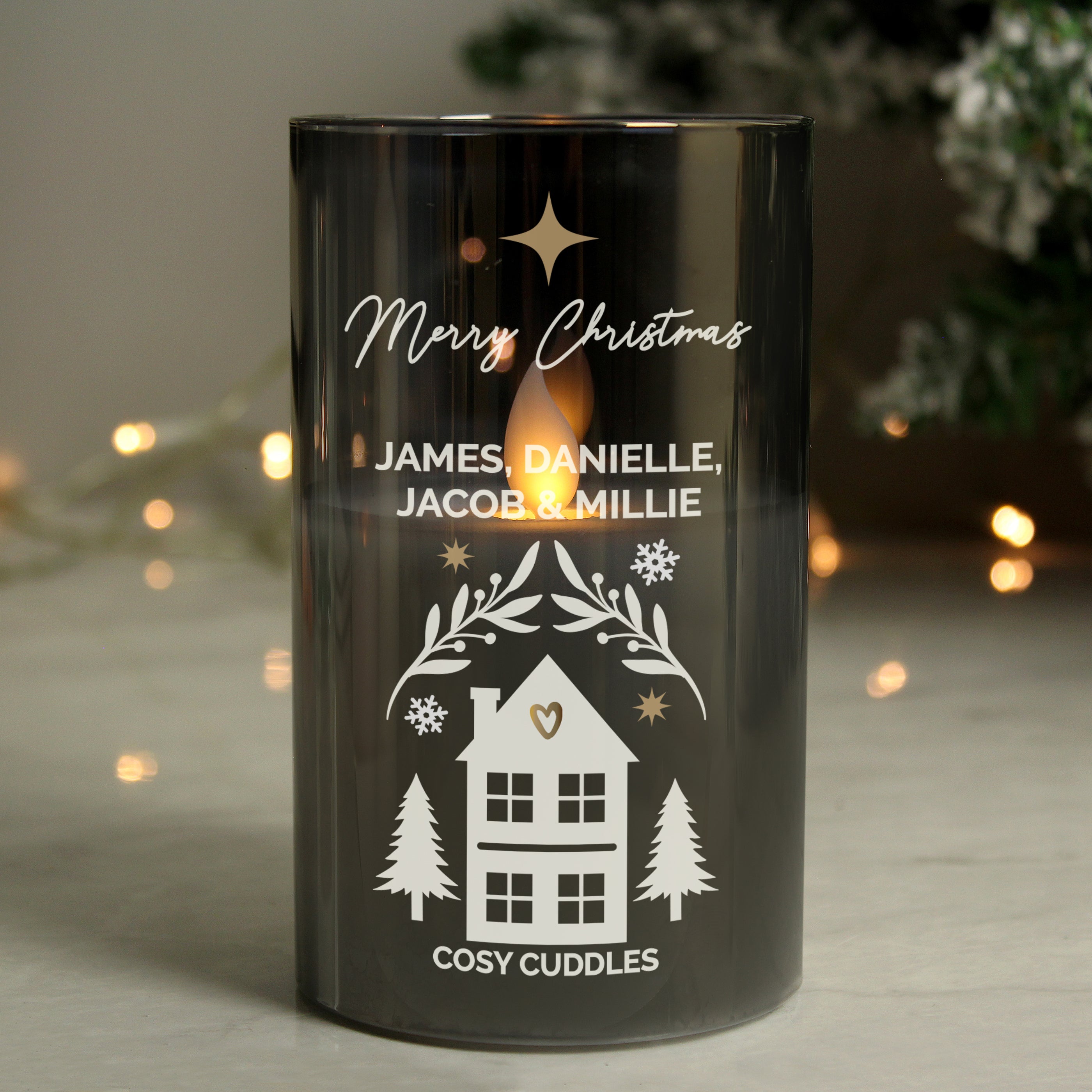 Personalised smoked glass LED wax candle