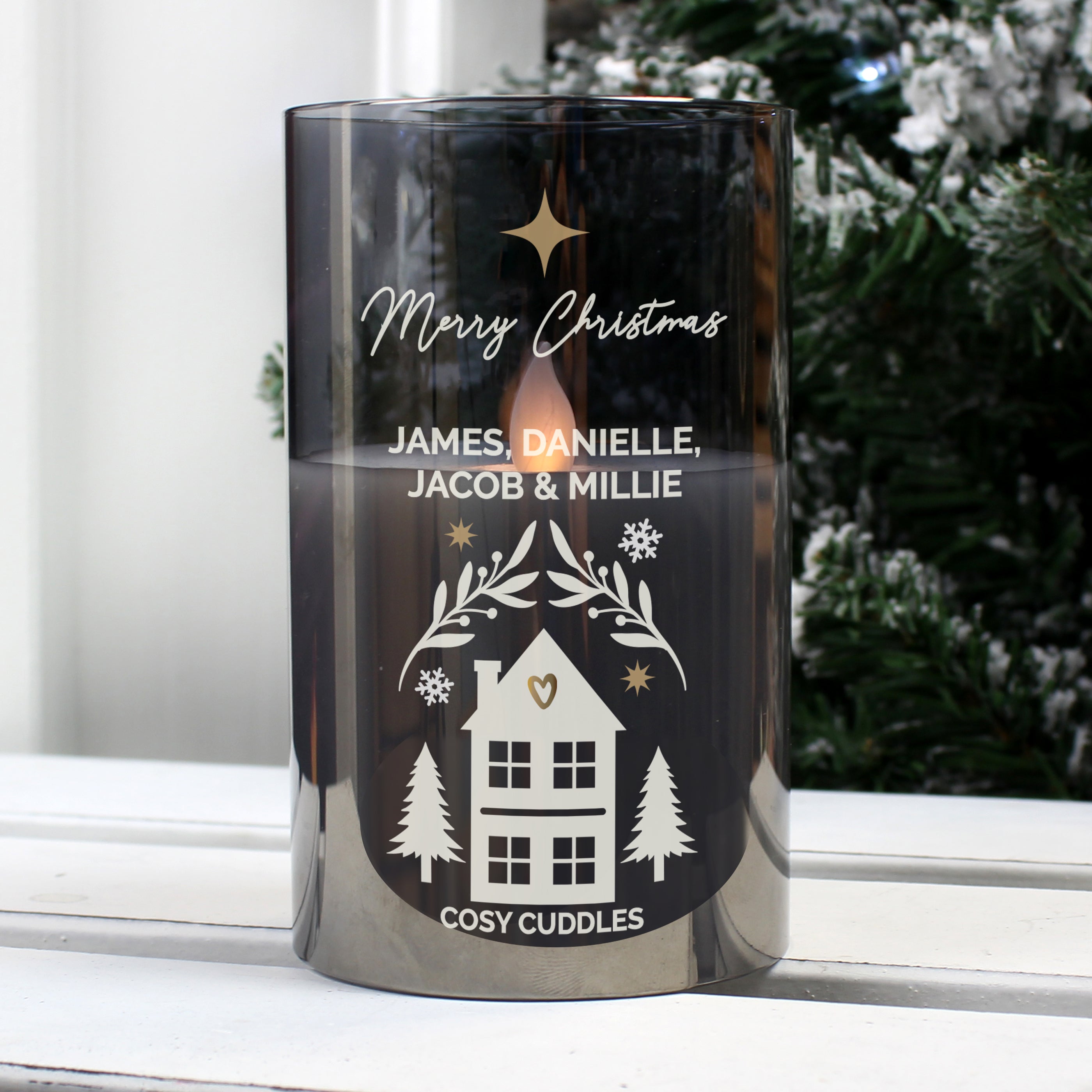 Personalised smoked glass LED wax candle