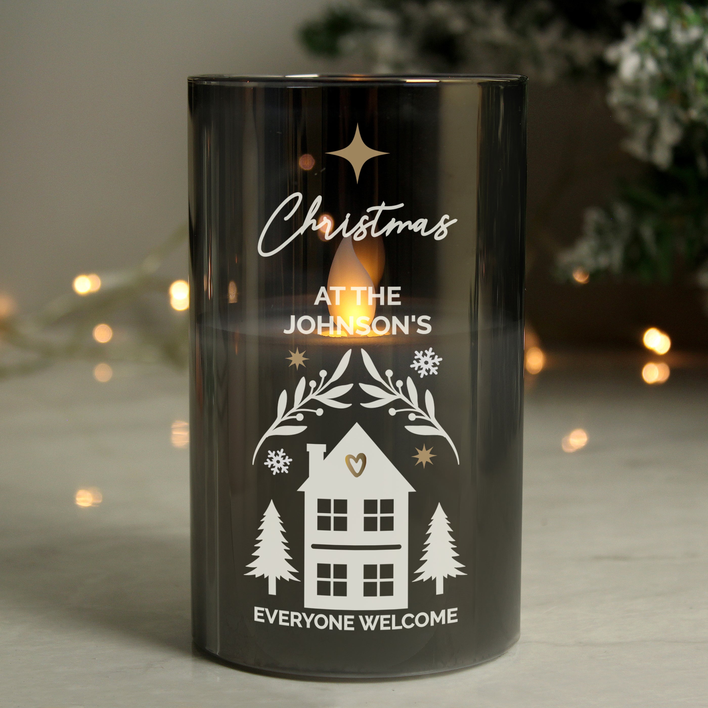 Personalised smoked glass LED wax candle