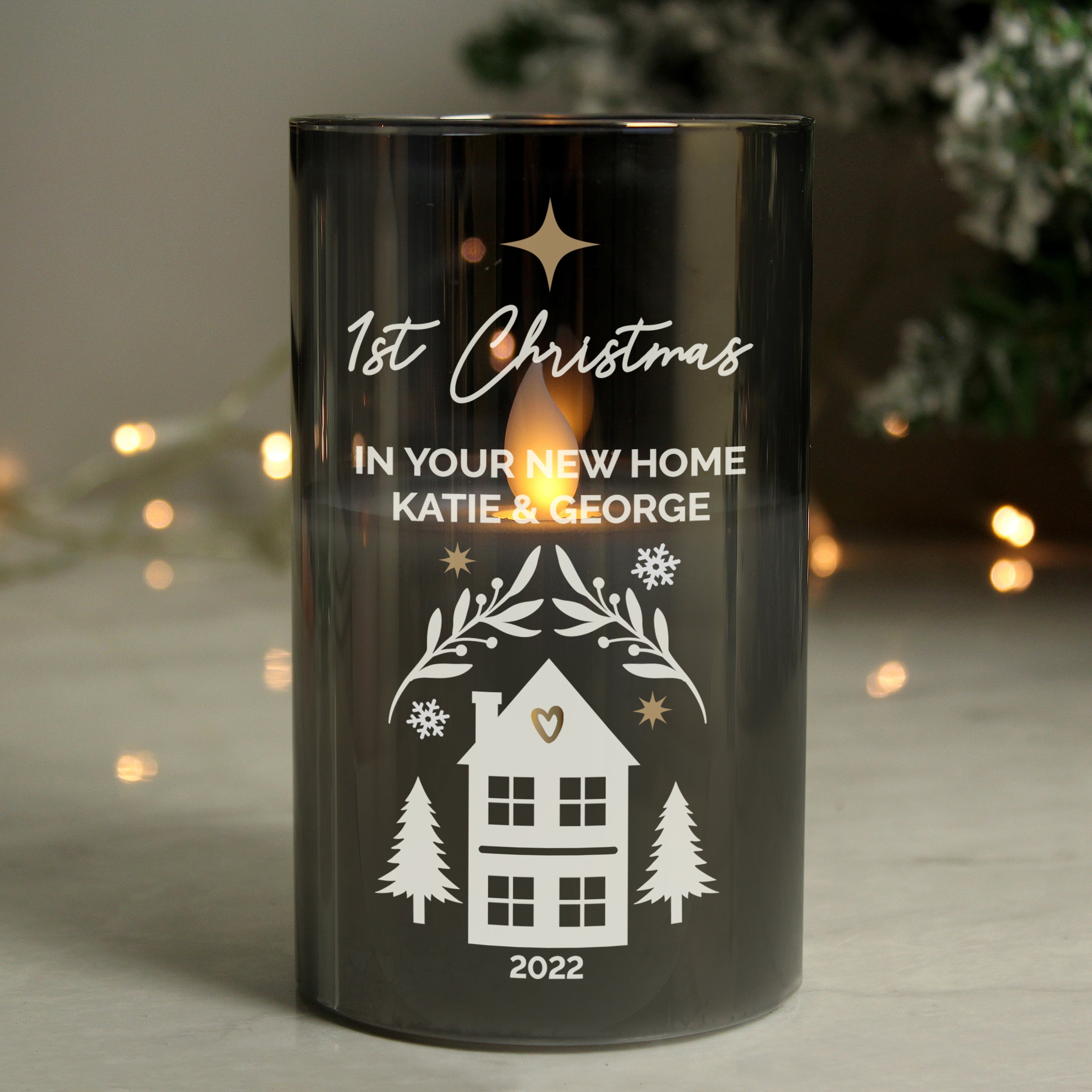 Personalised smoked glass LED wax candle