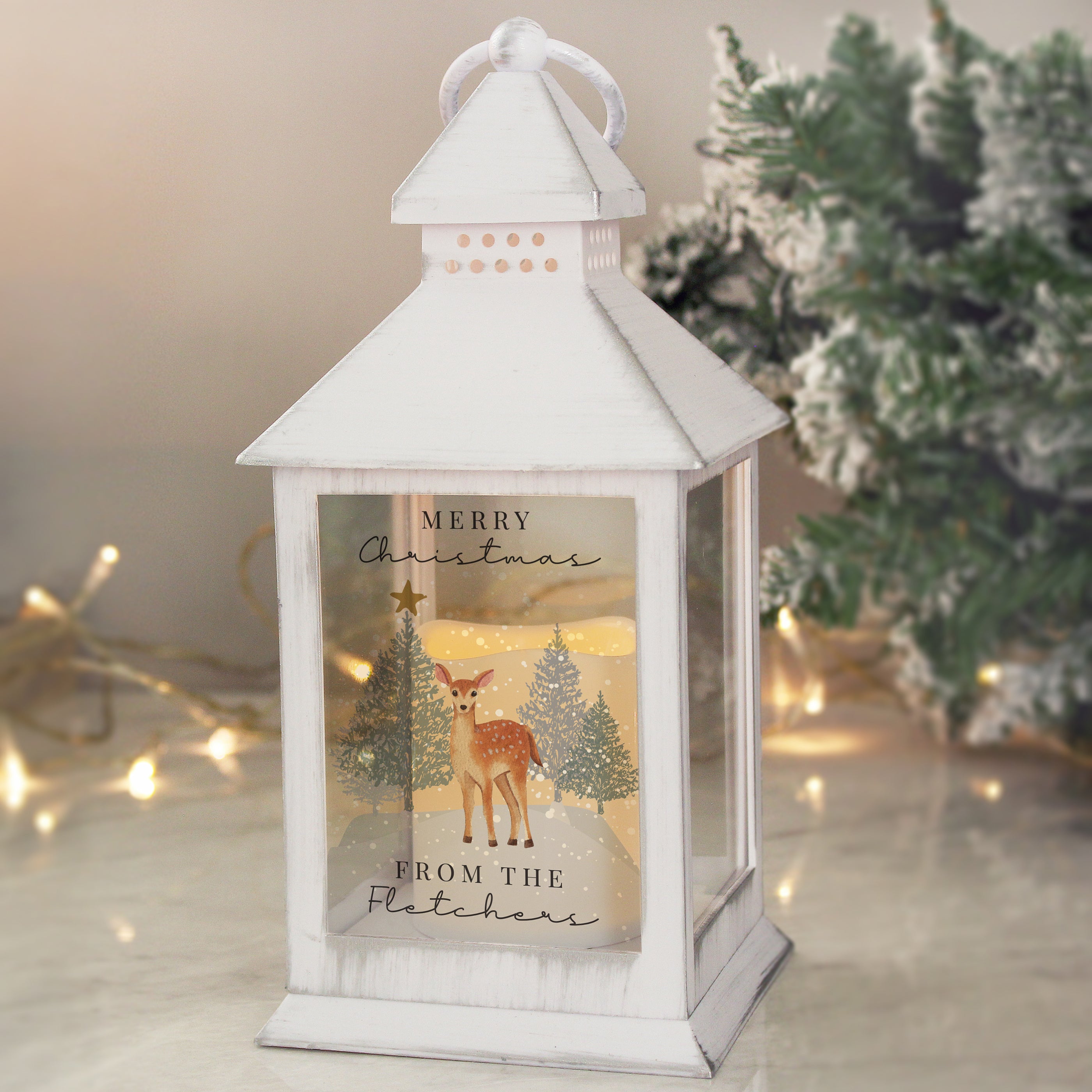 Personalised white LED lantern with reindeer design