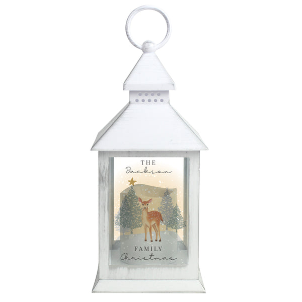 Personalised white LED lantern with reindeer design