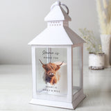 White LED lantern with highland cow design