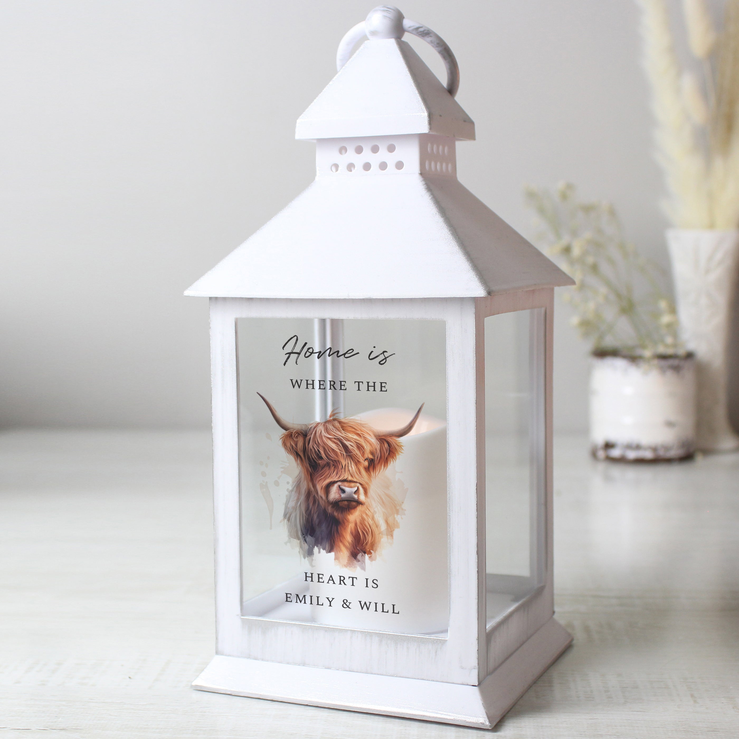 White LED lantern with highland cow design
