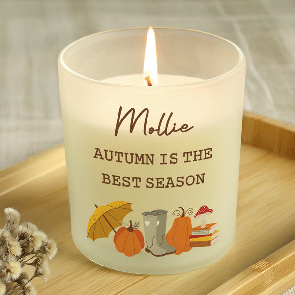 Personalised frosted glass candle with Autumn design.