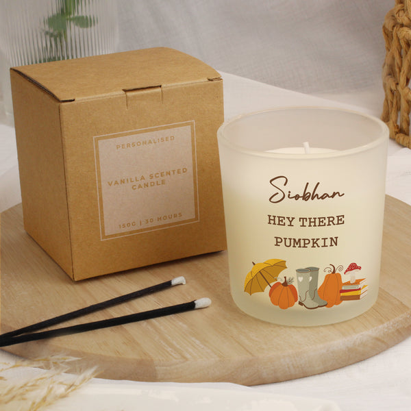Personalised frosted glass candle with Autumn design.