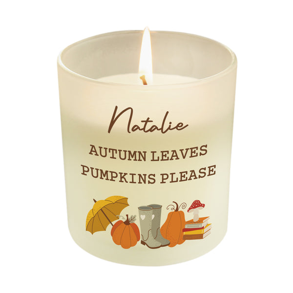 Personalised frosted glass candle with Autumn design.