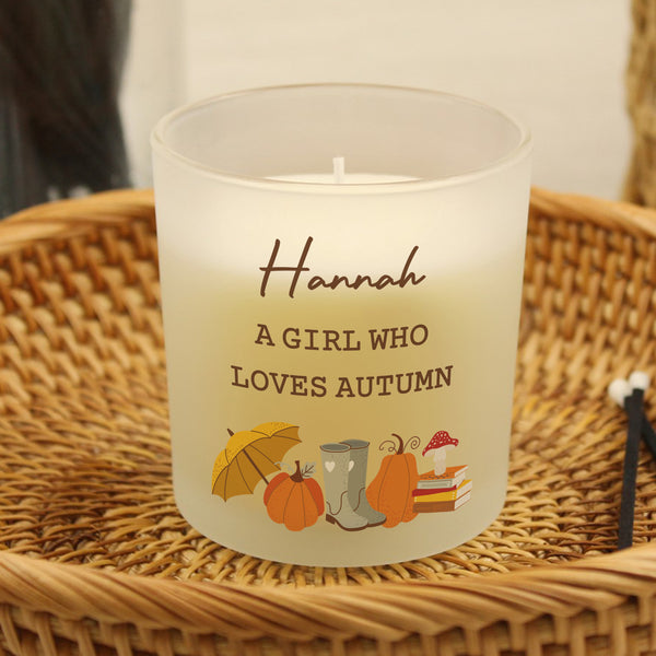 Personalised frosted glass candle with Autumn design.