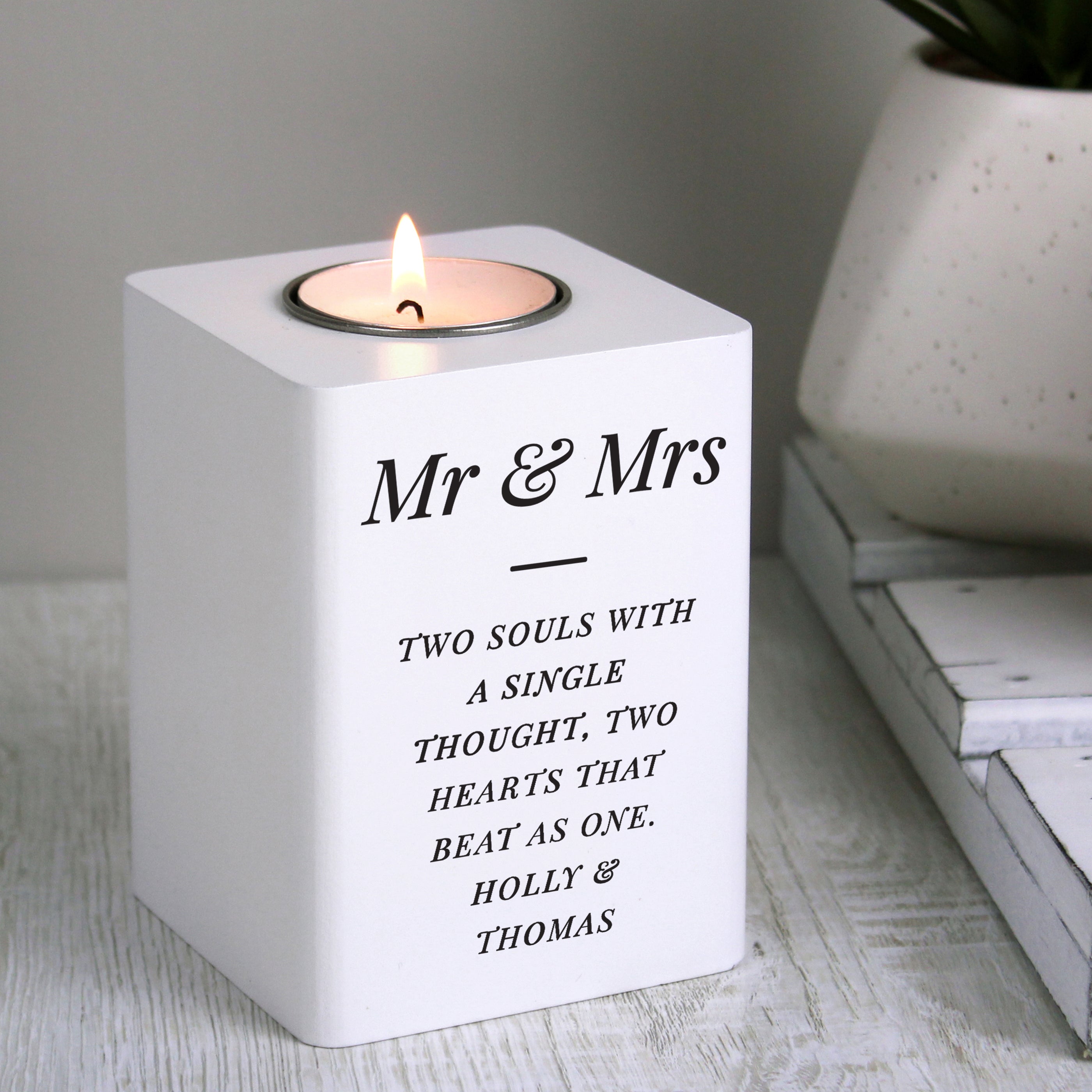 Personalised white wooden tea light holder