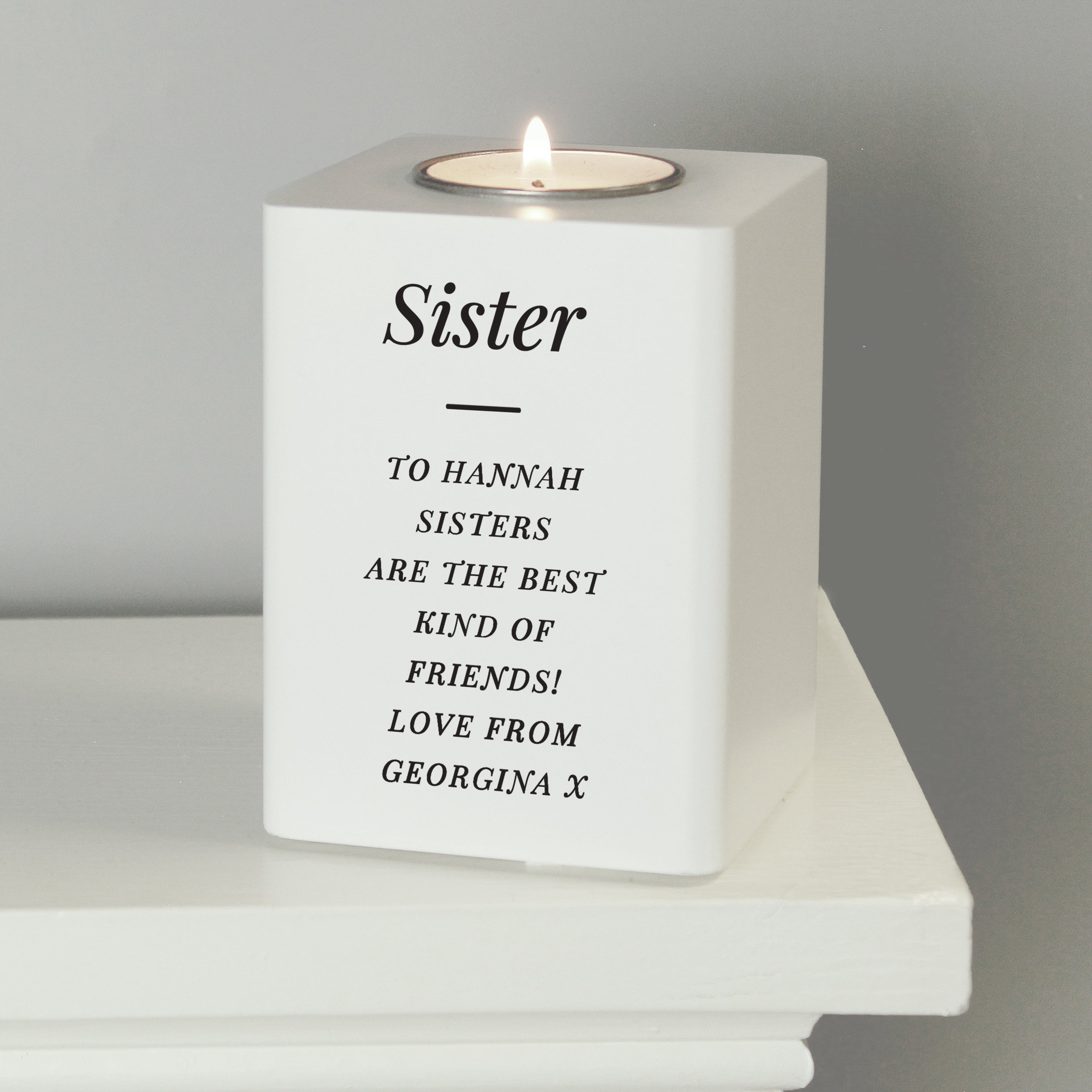 Personalised white wooden tea light holder