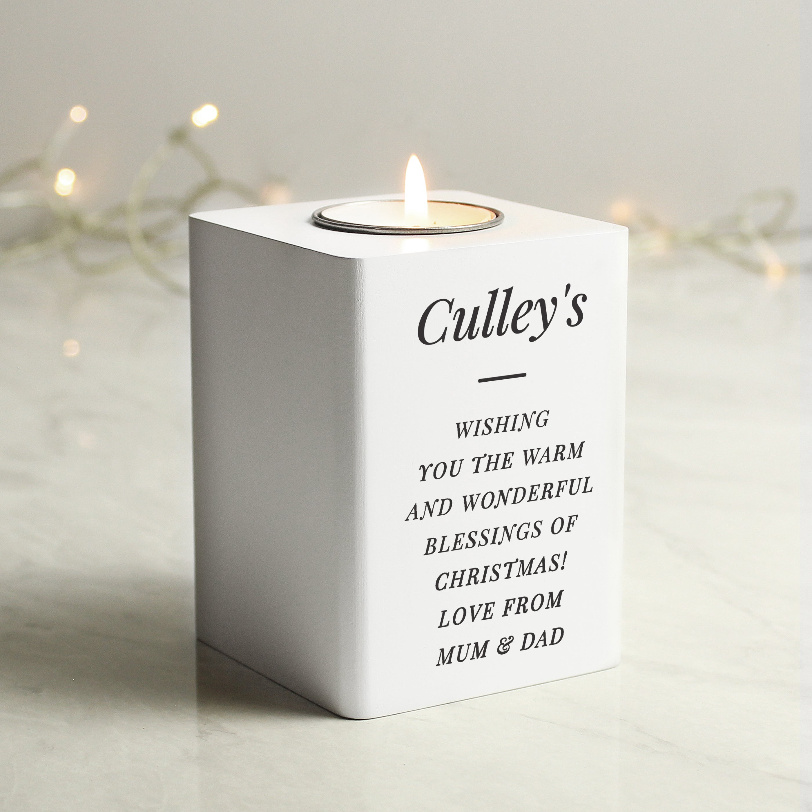 Personalised white wooden tea light holder