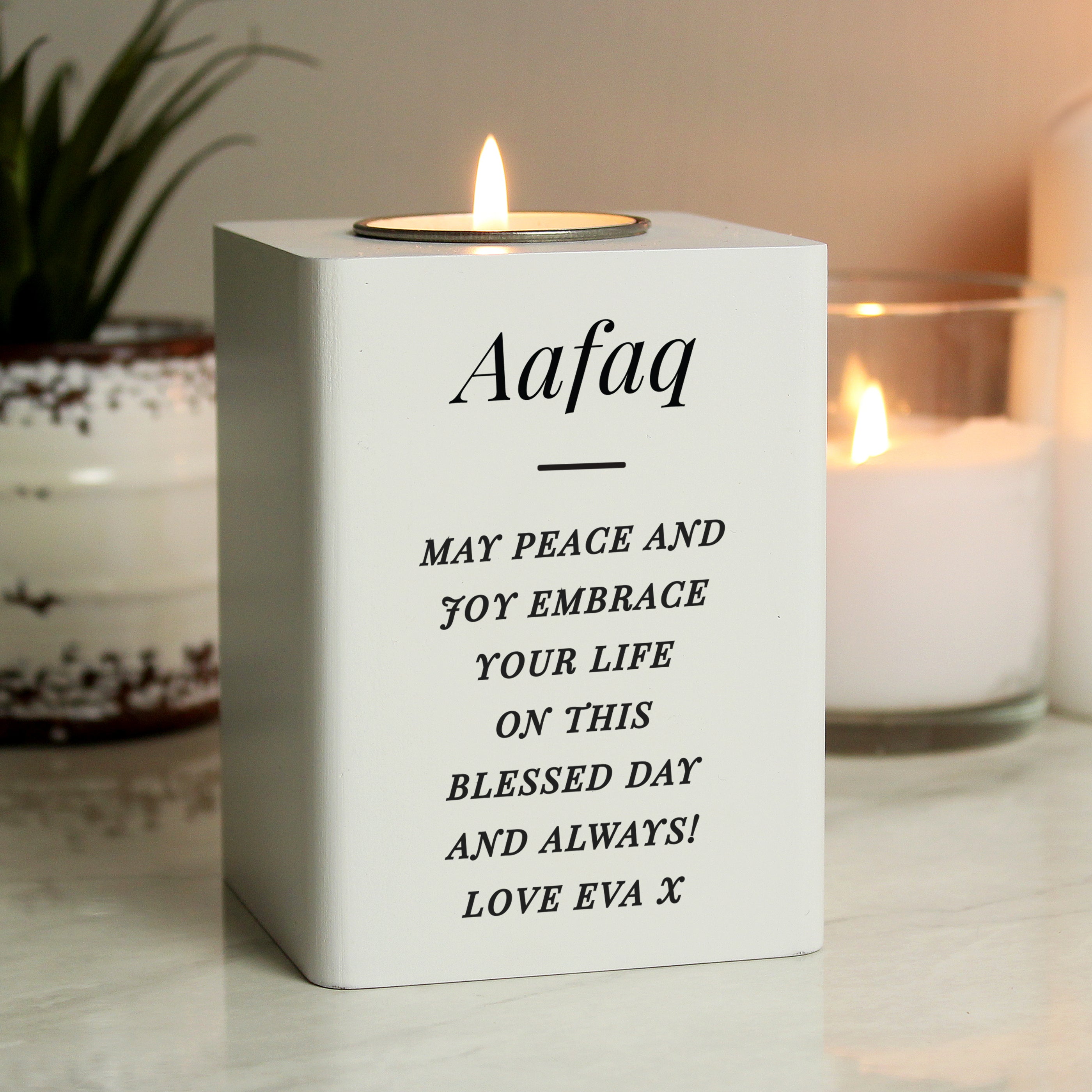 Personalised white wooden tea light holder